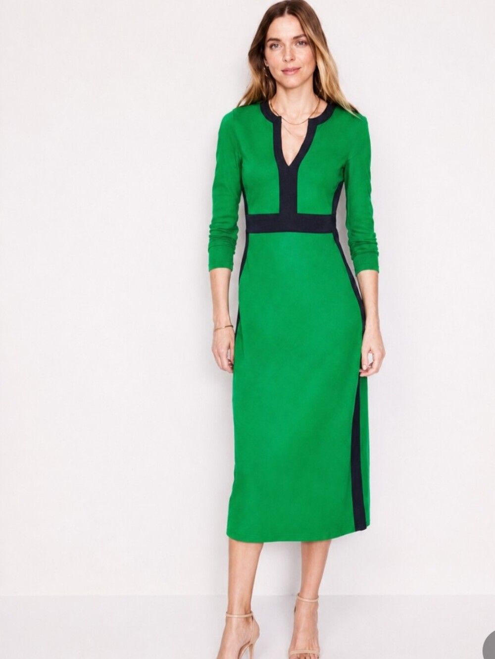 Boden Catherine Ponte Midi Dress Rich Emerald Colorblock Fit Flare Long Sleeve